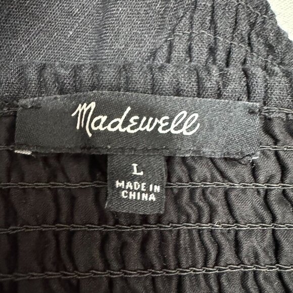 Madewell Black Linen-Blend Lucie Short Puff Sleeve Smocked Mini Dress Size L - Picture 12 of 15